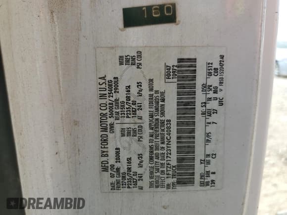 ✅ 2000 Ford F-150 XL • VIN: 1FTZF1723YNC40838 • Lot: 56949735. Listed on Copart with 231,124 mi. Free auction sales archive from the USA and detailed vehicle history report at DreamBid. Image 12.