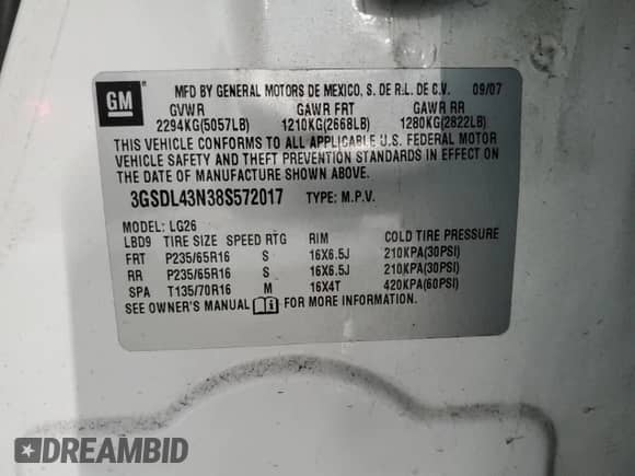 2008 Saturn VUE XE with VIN 3GSDL43N38S572017, listed as a Copart auction lot 42533075 with 114,282 mi miles and Salvage title. Bid and sale history available at DreamBid. Image 13.