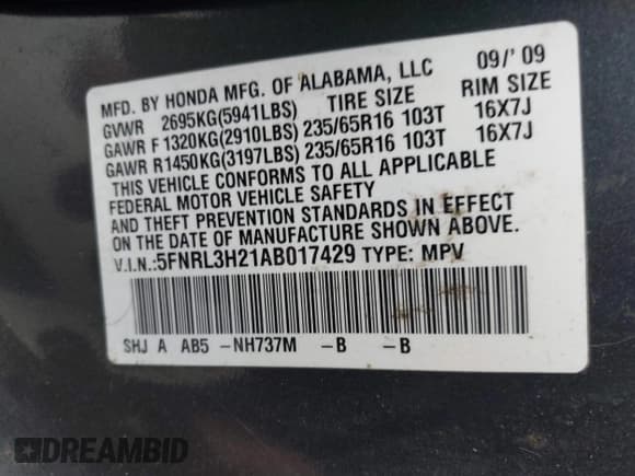 ✅ 2010 Honda Odyssey LX • VIN: 5FNRL3H21AB017429 • Lot: 43923036. Listed on IAAI with 163,262 mi. Free auction sales archive from the USA and detailed vehicle history report at DreamBid. Image 9.