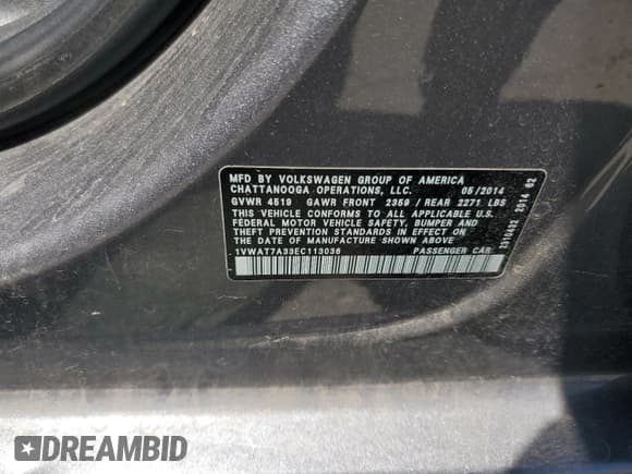 ✅ 2014 Volkswagen Passat Wolfsburg Edition • VIN: 1VWAT7A33EC113036 • Lot: 66185105. Listed on Copart with 104,324 mi. Free auction sales archive from the USA and detailed vehicle history report at DreamBid. Image 12.