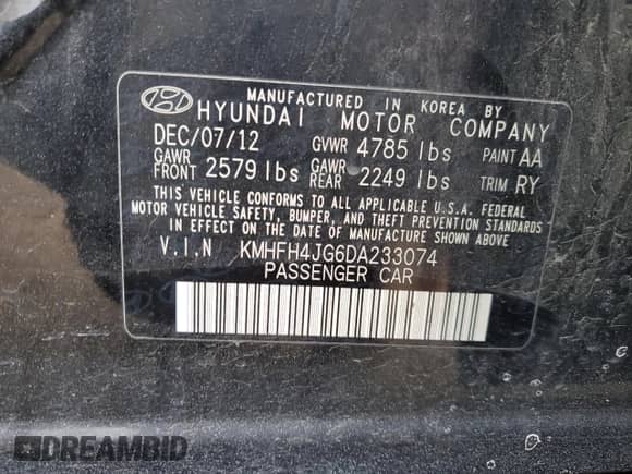 2013 Hyundai Azera с VIN KMHFH4JG6DA233074, выставлен на аукционе Copart как лот 87653725 с пробегом 150 481 миль миль и Списание • Salvage title. История ставок и продаж доступна на DreamBid. Изображение 12.