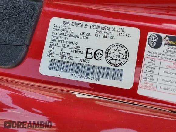 ✅ 2019 Nissan 370Z • VIN: JN1AZ4EH7KM421308 • Лот: 64479434. Опубликован ранее на Copart с пробегом 35 013 миль. Бесплатный доступ к архиву аукционных продаж из США и подробный отчёт об истории автомобиля на DreamBid. Изображение 13.