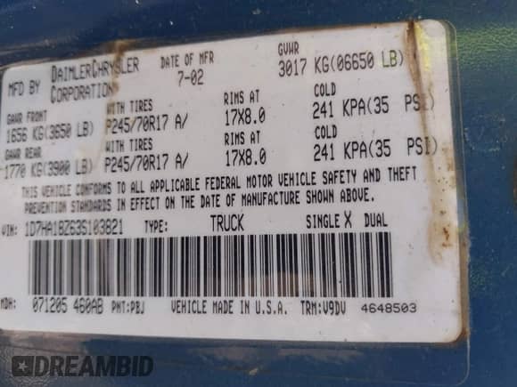 2003 Dodge 1500 ST z VIN 1D7HA18Z63S103821, wystawiony jako IAAI lot #42740433 z przebiegiem 170 157 mil mil oraz . Historia ofert i sprzedaży dostępna na DreamBid. Obrazek 9.