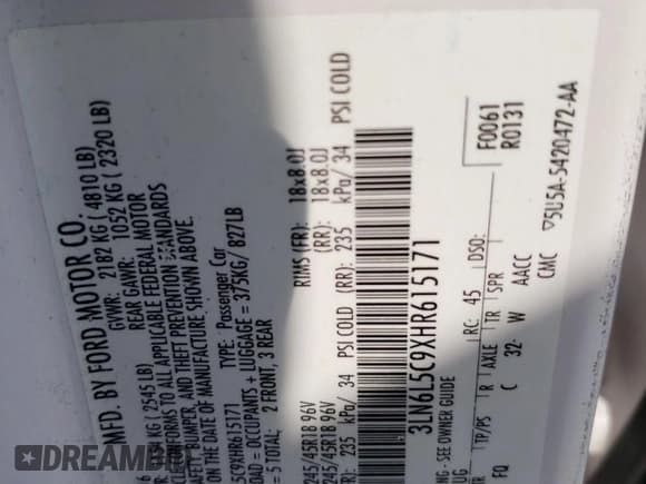 ✅ 2017 Lincoln MKZ Select • VIN: 3LN6L5C9XHR615171 • Lot: 68125235. Listed on Copart with 137,575 mi. Free auction sales archive from the USA and detailed vehicle history report at DreamBid. Image 13.