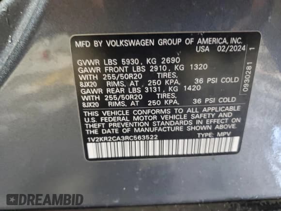 ✅ 2024 Volkswagen Atlas SE • VIN: 1V2KR2CA3RC563522 • Lot: 92305335. Listed on Copart with 39,006 mi. Free auction sales archive from the USA and detailed vehicle history report at DreamBid. Image 13.