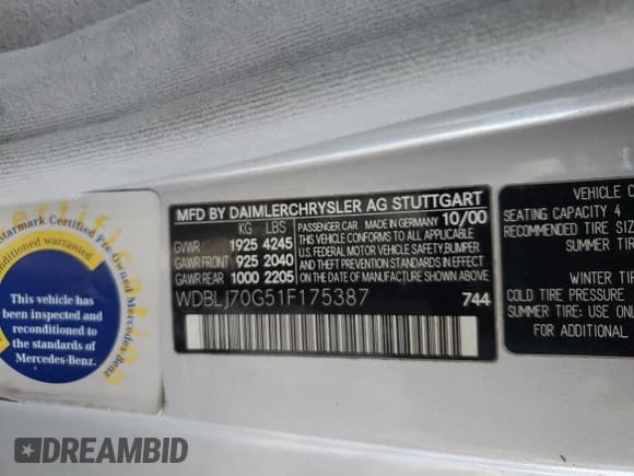 ✅ 2001 Mercedes-Benz CLK 320/430 • VIN: WDBLJ70G51F175387 • Лот: 62366175. Опубликован ранее на Copart с пробегом 155 731 миль. Бесплатный доступ к архиву аукционных продаж из США и подробный отчёт об истории автомобиля на DreamBid. Изображение 12.