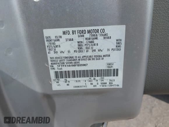 ✅ 2008 Ford F-150 XLT • VIN: 1FTPX14V98FB55967 • Lot: 42520244. Listed on IAAI with 176,667 mi. Free auction sales archive from the USA and detailed vehicle history report at DreamBid. Image 9.