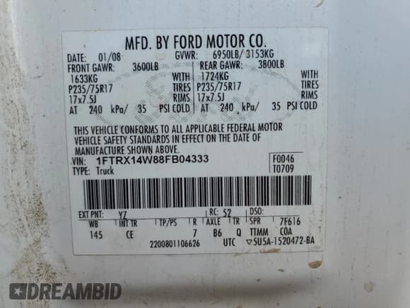 ✅ 2008 Ford F-150 STX • VIN: 1FTRX14W88FB04333 • Lot: 89698745. Listed on Copart with 173,873 mi. Free auction sales archive from the USA and detailed vehicle history report at DreamBid. Image 12.