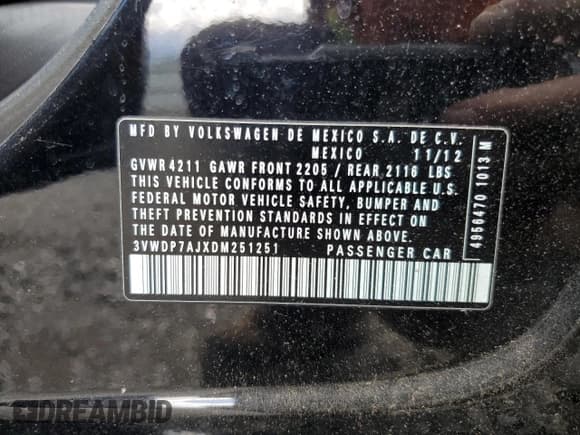 ✅ 2013 Volkswagen Jetta SE • VIN: 3VWDP7AJXDM251251 • Lot: 57757585. Listed on Copart with 167,891 mi. Free auction sales archive from the USA and detailed vehicle history report at DreamBid. Image 13.