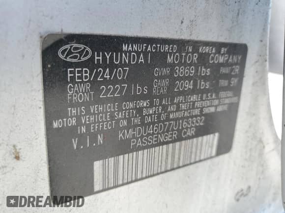 ✅ 2007 Hyundai Elantra GLS • VIN: KMHDU46D77U163332 • Lot: 87305195. Listed on Copart with 102,164 mi. Free auction sales archive from the USA and detailed vehicle history report at DreamBid. Image 13.