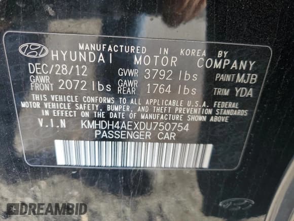 ✅ 2013 Hyundai Elantra GLS • VIN: KMHDH4AEXDU750754 • Lot: 90141405. Listed on Copart with 125,915 mi. Free auction sales archive from the USA and detailed vehicle history report at DreamBid. Image 12.