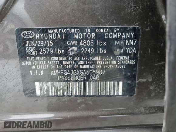 2016 Hyundai Azera с VIN KMHFG4JGXGA505987, выставлен на аукционе Copart как лот 87598765 с пробегом 93 603 миль миль и Списание • Salvage title. История ставок и продаж доступна на DreamBid. Изображение 12.