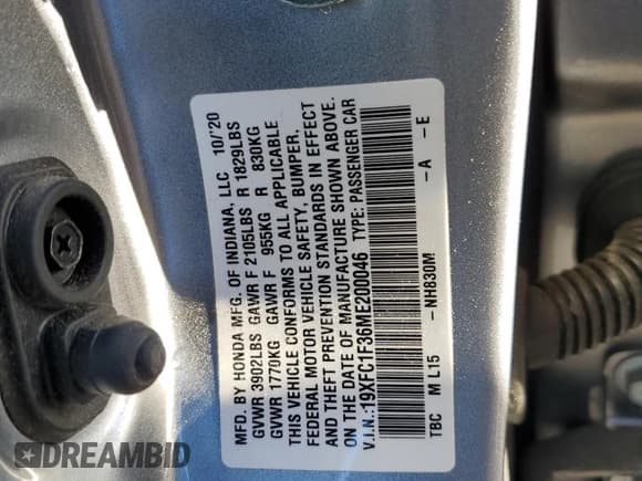 ✅ 2021 Honda Civic EX • VIN: 19XFC1F36ME200046 • Lot: 86595085. Listed on Copart with 26,191 mi. Free auction sales archive from the USA and detailed vehicle history report at DreamBid. Image 12.