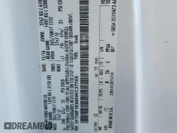 ✅ 2017 Ford F-150 XL • VIN: 1FTMF1E88HKC37565 • Лот: 80818775. Опубликован ранее на Copart с пробегом Не указан. Бесплатный доступ к архиву аукционных продаж из США и подробный отчёт об истории автомобиля на DreamBid. Изображение 12.