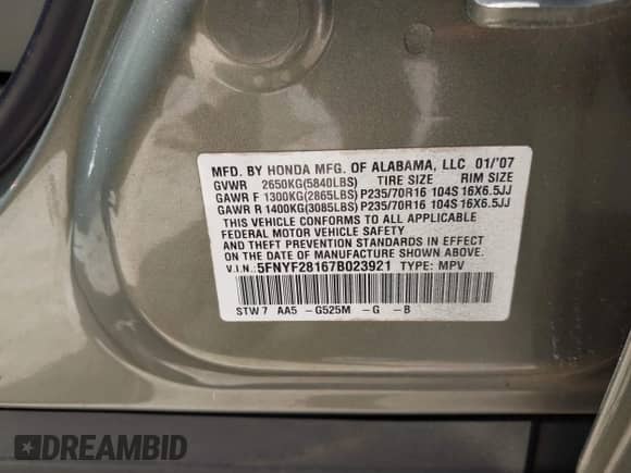 2007 Honda Pilot LX with VIN 5FNYF28167B023921, listed as a IAAI auction lot 42727822 with 177,088 mi miles and . Bid and sale history available at DreamBid. Image 9.