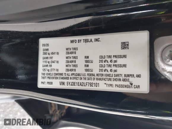 ✅ 2020 Tesla Model 3 Standard Range Plus • VIN: 5YJ3E1EA2LF792101 • Lot: 42764615. Wystawiony na IAAI z przebiegiem 128 215 mil. Bezpłatny archiwum sprzedaży aukcyjnych z USA i szczegółowy raport historii pojazdu na DreamBid. Zdjęcie 9.