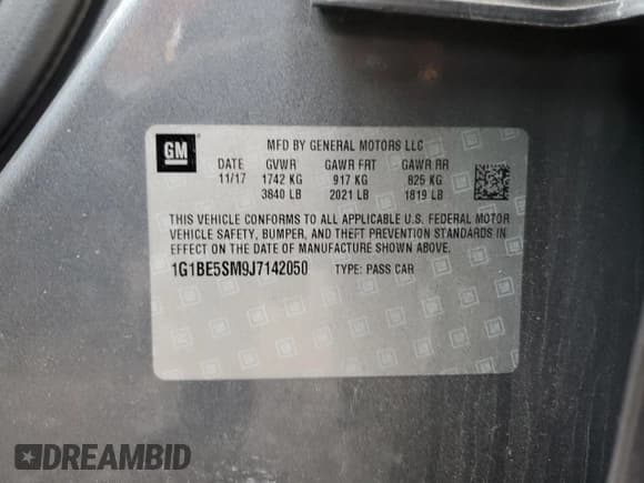 ✅ 2018 Chevrolet Cruze LT • VIN: 1G1BE5SM9J7142050 • Lot: 86644115. Listed on Copart with 94,262 mi. Free auction sales archive from the USA and detailed vehicle history report at DreamBid. Image 12.