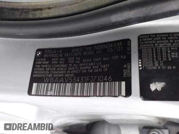 ✅ 2001 BMW 3 Series 330i • VIN: WBAAV53431FJ71046 • Лот: 43119890. Опубликован ранее на IAAI с пробегом 290 617 миль. Бесплатный доступ к архиву аукционных продаж из США и подробный отчёт об истории автомобиля на DreamBid. Изображение 9.