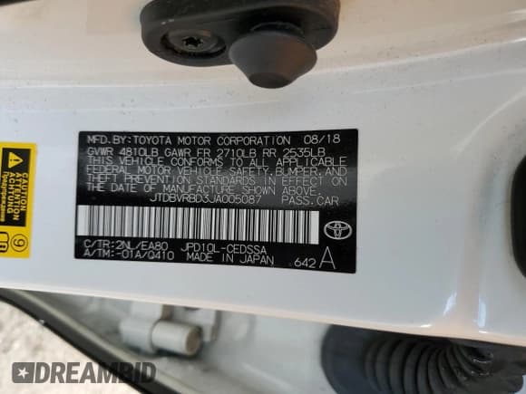 ✅ 2018 Toyota Mirai • VIN: JTDBVRBD3JA005087 • Lot: 82379624. Listed on Copart with 57,718 mi. Free auction sales archive from the USA and detailed vehicle history report at DreamBid. Image 12.