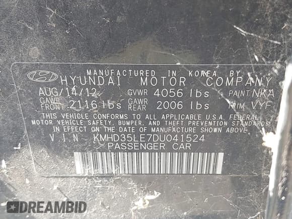 ✅ 2013 Hyundai Elantra • VIN: KMHD35LE7DU041524 • Lot: 40436775. Listed on IAAI with Not provided. Free auction sales archive from the USA and detailed vehicle history report at DreamBid. Image 9.