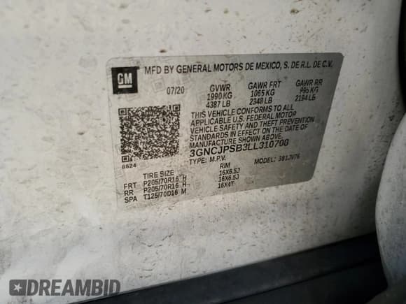 ✅ 2020 Chevrolet Trax LT • VIN: 3GNCJPSB3LL310708 • Lot: 91357245. Wystawiony na Copart z przebiegiem Nie podano. Bezpłatny archiwum sprzedaży aukcyjnych z USA i szczegółowy raport historii pojazdu na DreamBid. Zdjęcie 13.