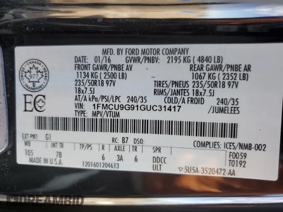 ✅ 2016 Ford Escape SE • VIN: 1FMCU9G91GUC31417 • Lot: 85555605. Listed on Copart with 46,481 mi. Free auction sales archive from the USA and detailed vehicle history report at DreamBid. Image 14.