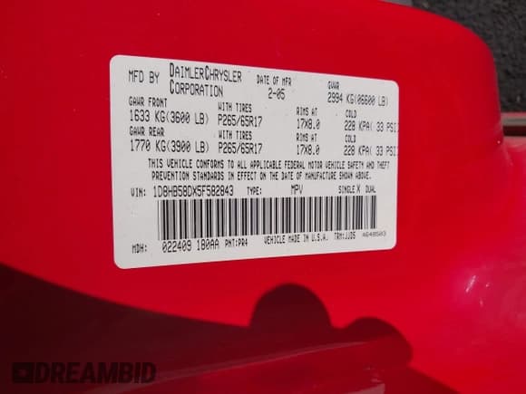 ✅ 2005 Dodge Durango Limited • VIN: 1D8HB58DX5F582843 • Lot: 43163330. Wystawiony na IAAI z przebiegiem 199 153 mil. Bezpłatny archiwum sprzedaży aukcyjnych z USA i szczegółowy raport historii pojazdu na DreamBid. Zdjęcie 9.