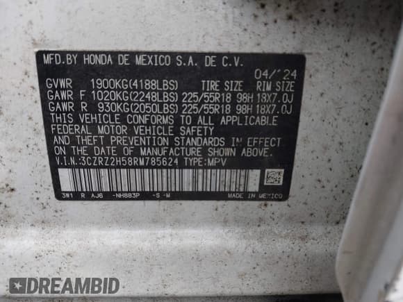 ✅ 2024 Honda HR-V Sport • VIN: 3CZRZ2H58RM785624 • Lot: 43564345. Listed on IAAI with 34,043 mi. Free auction sales archive from the USA and detailed vehicle history report at DreamBid. Image 9.