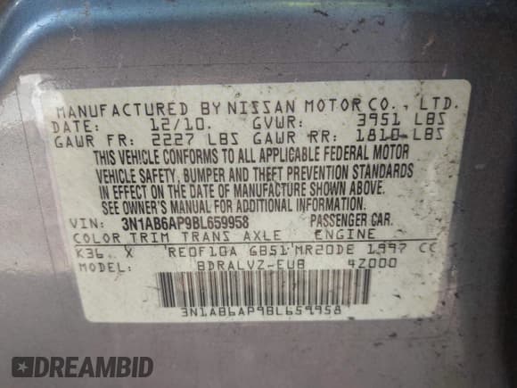 ✅ 2011 Nissan Sentra S • VIN: 3N1AB6AP9BL659958 • Lot: 43686021. Listed on IAAI with 137,920 mi. Free auction sales archive from the USA and detailed vehicle history report at DreamBid. Image 9.