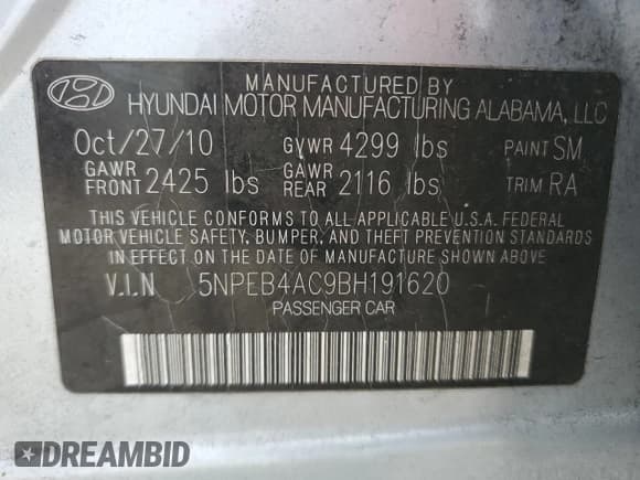 ✅ 2011 Hyundai Sonata GLS • VIN: 5NPEB4AC9BH191620 • Lot: 73118144. Listed on Copart with 75,291 mi. Free auction sales archive from the USA and detailed vehicle history report at DreamBid. Image 12.