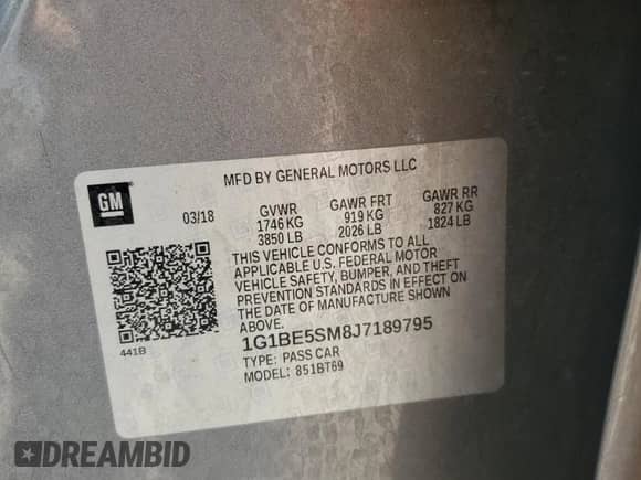 2018 Chevrolet Cruze LT с VIN 1G1BE5SM8J7189795, выставлен на аукционе Copart как лот 59746265 с пробегом 155 026 миль миль и Списание • Salvage title. История ставок и продаж доступна на DreamBid. Изображение 12.