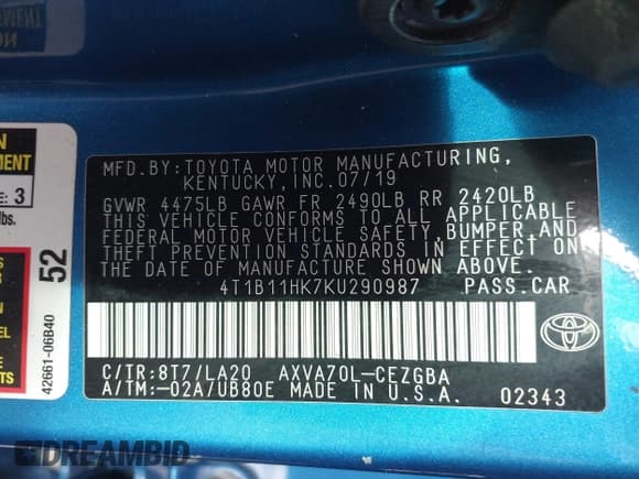 ✅ 2019 Toyota Camry SE • VIN: 4T1B11HK7KU290987 • Lot: 43408543. Listed on IAAI with 99,187 mi. Free auction sales archive from the USA and detailed vehicle history report at DreamBid. Image 9.