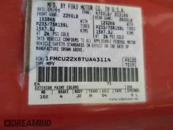 ✅ 1996 Ford Explorer Eddie Bauer • VIN: 1FMCU22X8TUA43114 • Lot: 59876404. Listed on Copart with 252,426 mi. Free auction sales archive from the USA and detailed vehicle history report at DreamBid. Image 14.