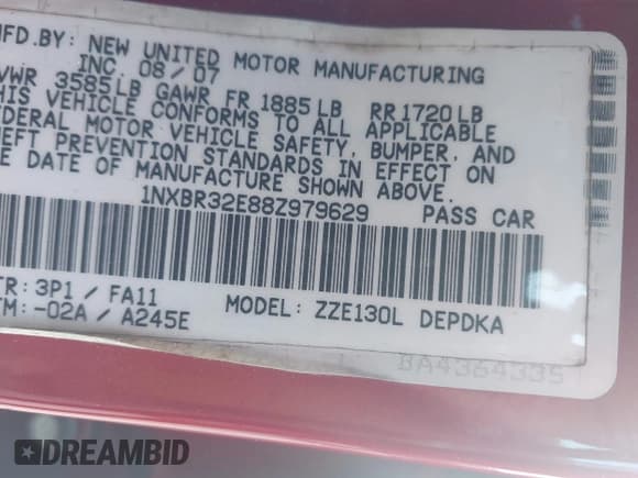 ✅ 2008 Toyota Corolla CE • VIN: 1NXBR32E88Z979629 • Lot: 43554982. Wystawiony na IAAI z przebiegiem 117 774 mil. Bezpłatny archiwum sprzedaży aukcyjnych z USA i szczegółowy raport historii pojazdu na DreamBid. Zdjęcie 9.