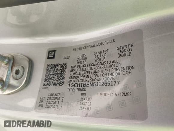 ✅ 2018 Chevrolet Colorado 4WD Work Truck • VIN: 1GCHTBEN5J1265177 • Lot: 42017849. Listed on IAAI with Not provided. Free auction sales archive from the USA and detailed vehicle history report at DreamBid. Image 9.