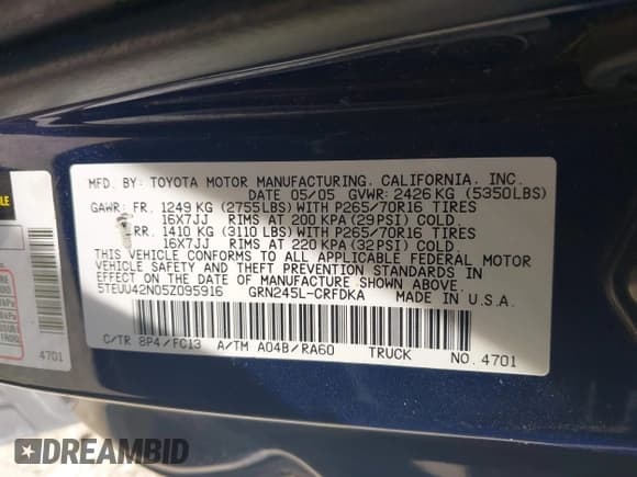 ✅ 2005 Toyota Tacoma • VIN: 5TEUU42N05Z095916 • Lot: 43121436. Listed on IAAI with 129,848 mi. Free auction sales archive from the USA and detailed vehicle history report at DreamBid. Image 9.