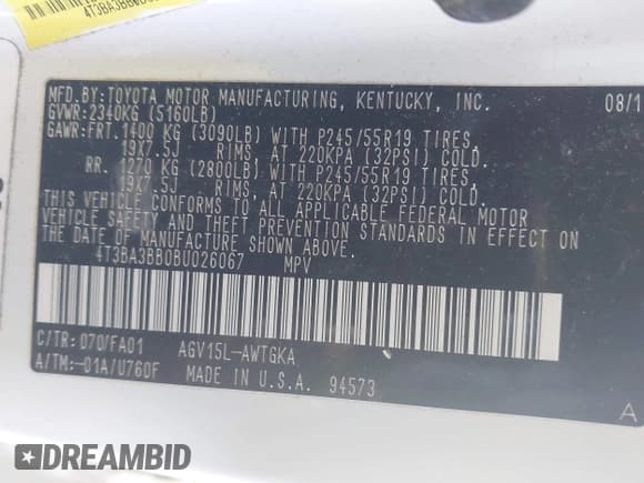 ✅ 2011 Toyota Venza • VIN: 4T3BA3BB0BU026067 • Lot: 43712376. Listed on IAAI with 94,459 mi. Free auction sales archive from the USA and detailed vehicle history report at DreamBid. Image 9.