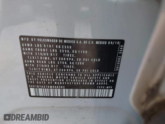 ✅ 2019 Volkswagen Tiguan S • VIN: 3VV1B7AX7KM006382 • Lot: 42730006. Listed on IAAI with 83,878 mi. Free auction sales archive from the USA and detailed vehicle history report at DreamBid. Image 9.