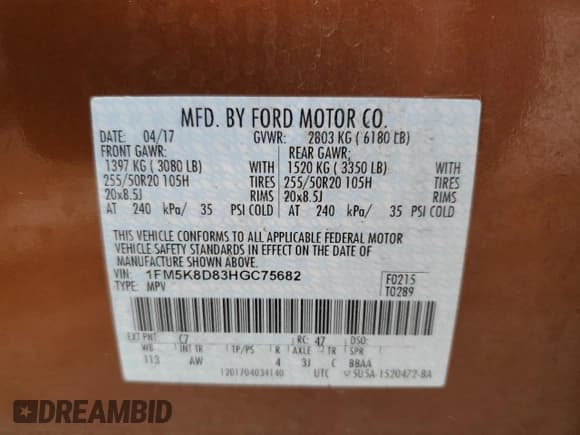 ✅ 2017 Ford Explorer XLT • VIN: 1FM5K8D83HGC75682 • Lot: 55321455. Listed on Copart with 96,859 mi. Free auction sales archive from the USA and detailed vehicle history report at DreamBid. Image 14.