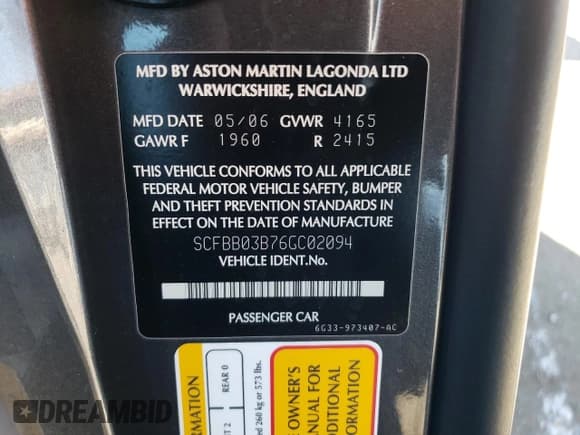 ✅ 2006 Aston Martin Vantage • VIN: SCFBB03B76GC02094 • Lot: 69683434. Listed on Copart with 26,353 mi. Free auction sales archive from the USA and detailed vehicle history report at DreamBid. Image 12.