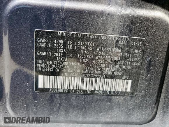 ✅ 2015 Subaru Outback Limited • VIN: 4S4BSBNC8F3292954 • Lot: 84447725. Listed on Copart with 146,630 mi. Free auction sales archive from the USA and detailed vehicle history report at DreamBid. Image 13.