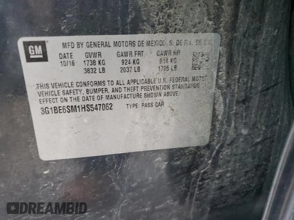 ✅ 2017 Chevrolet Cruze LT • VIN: 3G1BE6SM1HS547062 • Lot: 39225823. Listed on Copart with 78,536 mi. Free auction sales archive from the USA and detailed vehicle history report at DreamBid. Image 14.