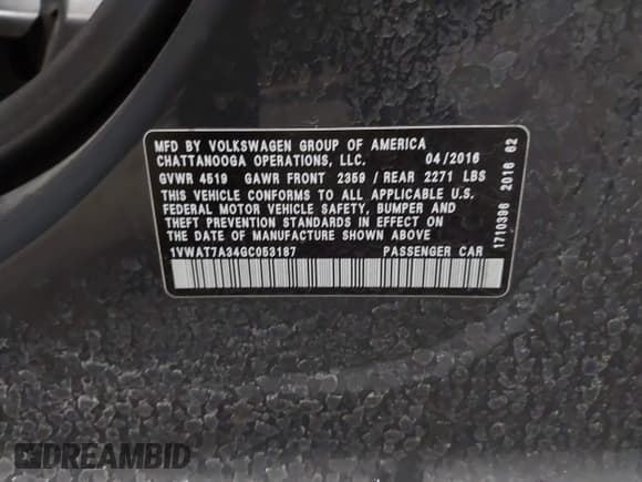 ✅ 2016 Volkswagen Passat S • VIN: 1VWAT7A34GC053187 • Lot: 43239969. Listed on IAAI with Not provided. Free auction sales archive from the USA and detailed vehicle history report at DreamBid. Image 9.