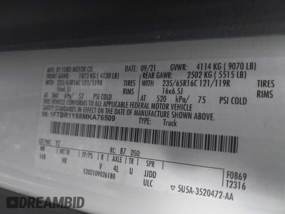 ✅ 2021 Ford Transit Cargo • VIN: 1FTBR1Y88MKA76509 • Lot: 42005100. Listed on IAAI with 34,029 mi. Free auction sales archive from the USA and detailed vehicle history report at DreamBid. Image 9.