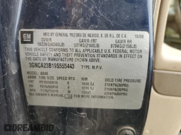 ✅ 2009 Chevrolet HHR 1LT • VIN: 3GNCA23B19S555443 • Lot: 54398455. Listed on Copart with 200,825 mi. Free auction sales archive from the USA and detailed vehicle history report at DreamBid. Image 13.