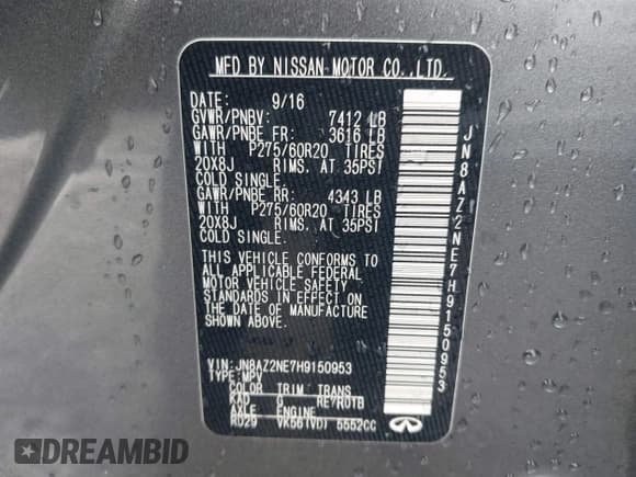 ✅ 2017 Infiniti QX80 Signature Edition • VIN: JN8AZ2NE7H9150953 • Lot: 43535623. Listed on IAAI with 124,414 mi. Free auction sales archive from the USA and detailed vehicle history report at DreamBid. Image 9.