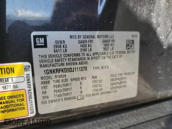 2013 Chevrolet Traverse LS with VIN 1GNKRFKD9DJ111378, listed as a Copart auction lot 81923265 with Not provided miles and Salvage title. Bid and sale history available at DreamBid. Image 13.