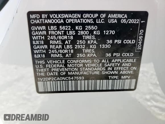 ✅ 2022 Volkswagen Atlas SE • VIN: 1V2DP2CA0NC547593 • Lot: 62278285. Listed on Copart with 30,597 mi. Free auction sales archive from the USA and detailed vehicle history report at DreamBid. Image 13.