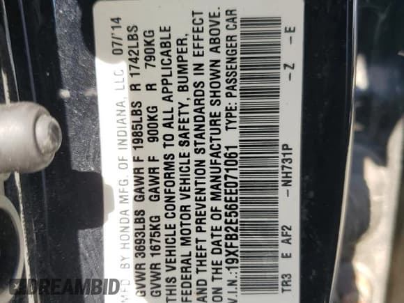 ✅ 2014 Honda Civic LX • VIN: 19XFB2E56EE071061 • Lot: 71187725. Wystawiony na Copart z przebiegiem 229 387 mil. Bezpłatny archiwum sprzedaży aukcyjnych z USA i szczegółowy raport historii pojazdu na DreamBid. Zdjęcie 12.