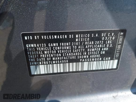 ✅ 2020 Volkswagen Jetta S • VIN: 3VWCB7BU7LM054958 • Lot: 42306896. Listed on IAAI with 47,489 mi. Free auction sales archive from the USA and detailed vehicle history report at DreamBid. Image 9.